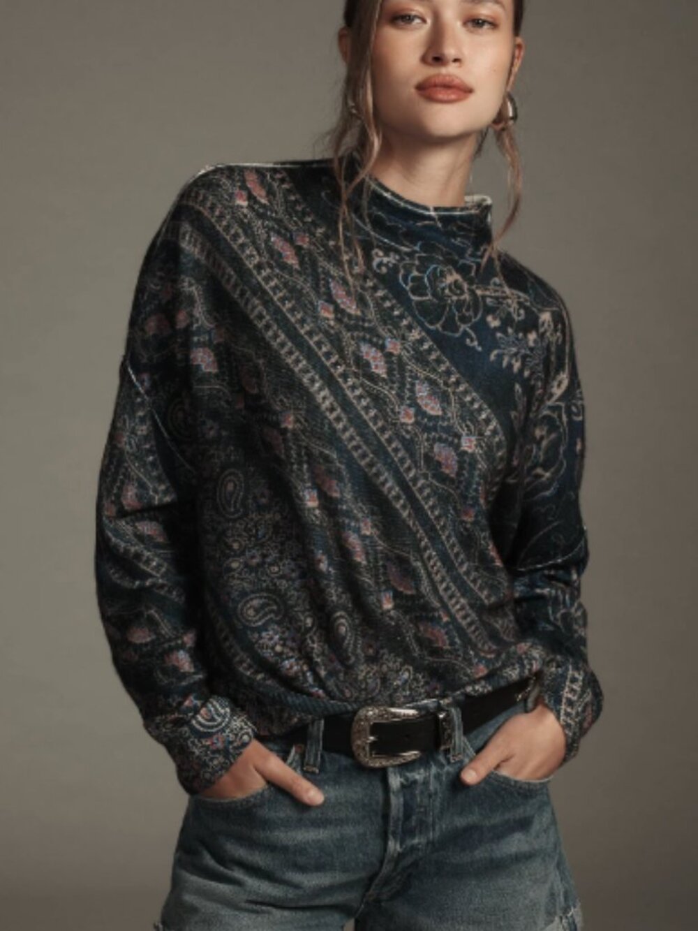 Size L Anthropologie Pilcro "The Alani" Cashmere Mock-Neck Printed Sweater
